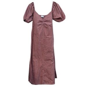 Faithfull the Brand Brown Polka Dot Puff Sleeve Midi Dress Size: M
